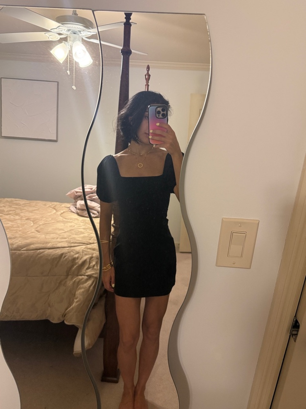 Square Neck Black Mini Dress with Puff Sleeves